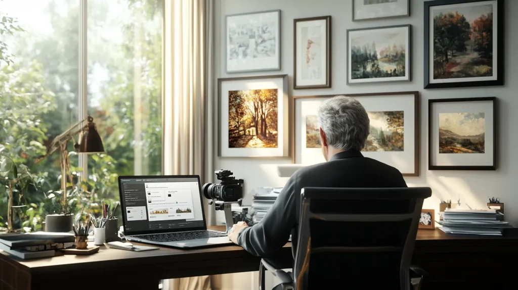 Man organizing art collection on computer using iINVENTORYpro software in a well-lit home office.