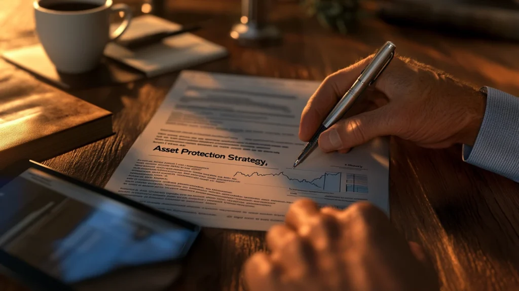 Close-up of a financial advisor's hand reviewing asset protection strategy document
