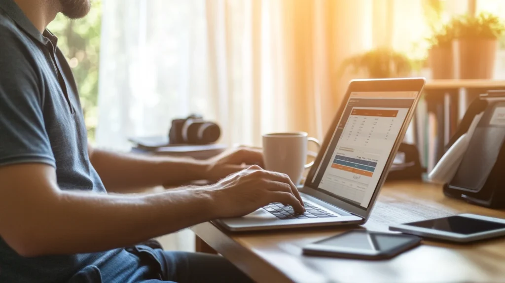 Man managing digital home inventory system on laptop at a bright desk