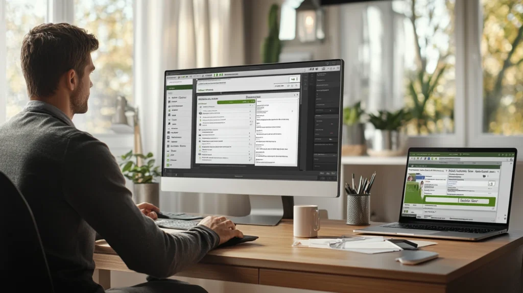 Man using estate planning software on dual screens at a modern home office