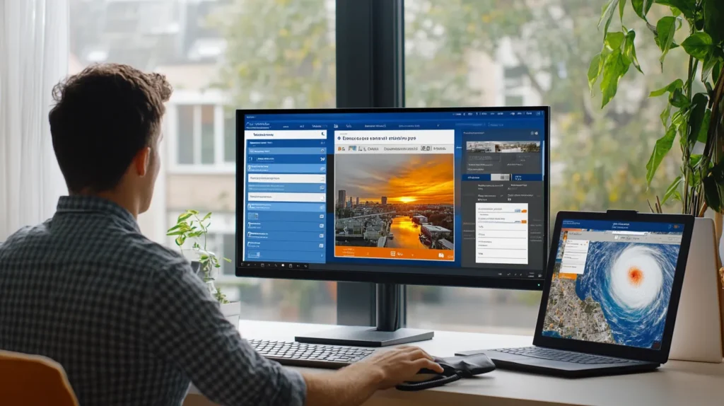 Young man using home inventory management software for hurricane preparedness.