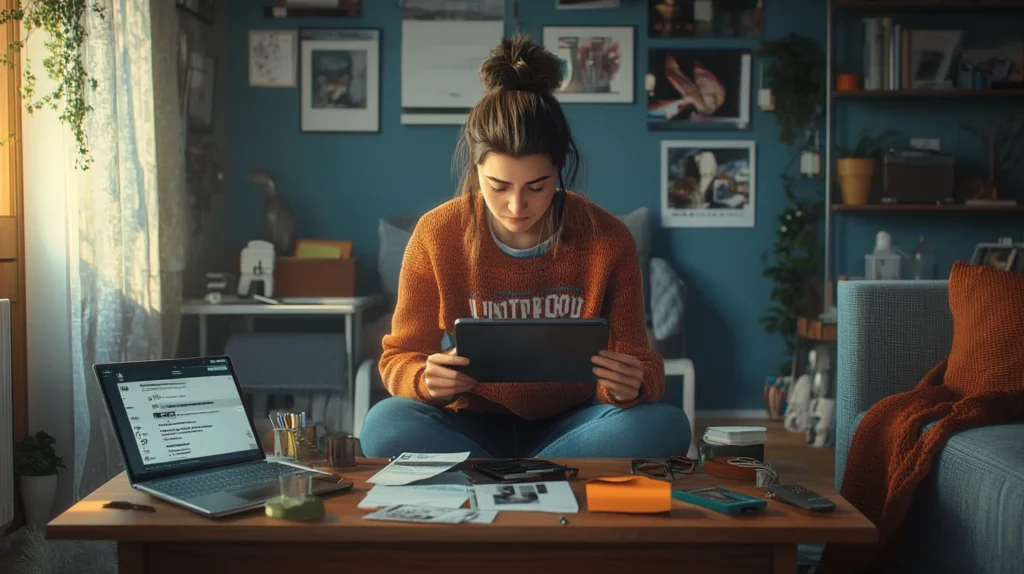 Young woman using home inventory software on tablet and laptop in a cozy living room