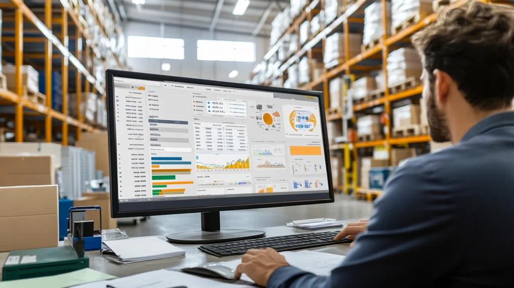 Man reviewing advanced inventory management dashboard in a warehouse