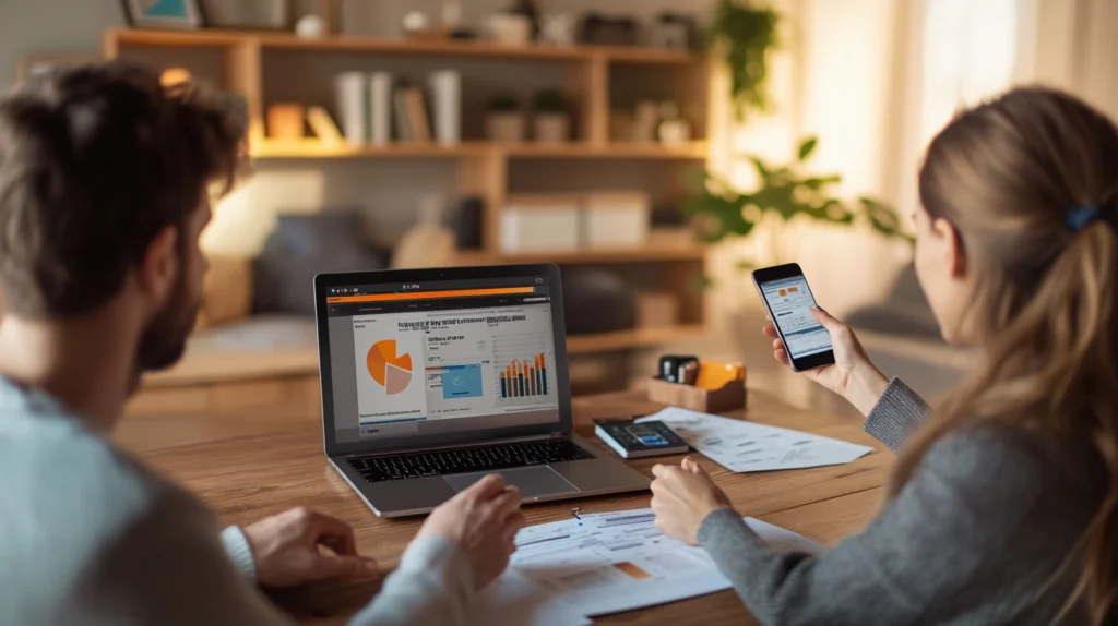 Young couple reviewing digital inventory charts on laptop and phone at home