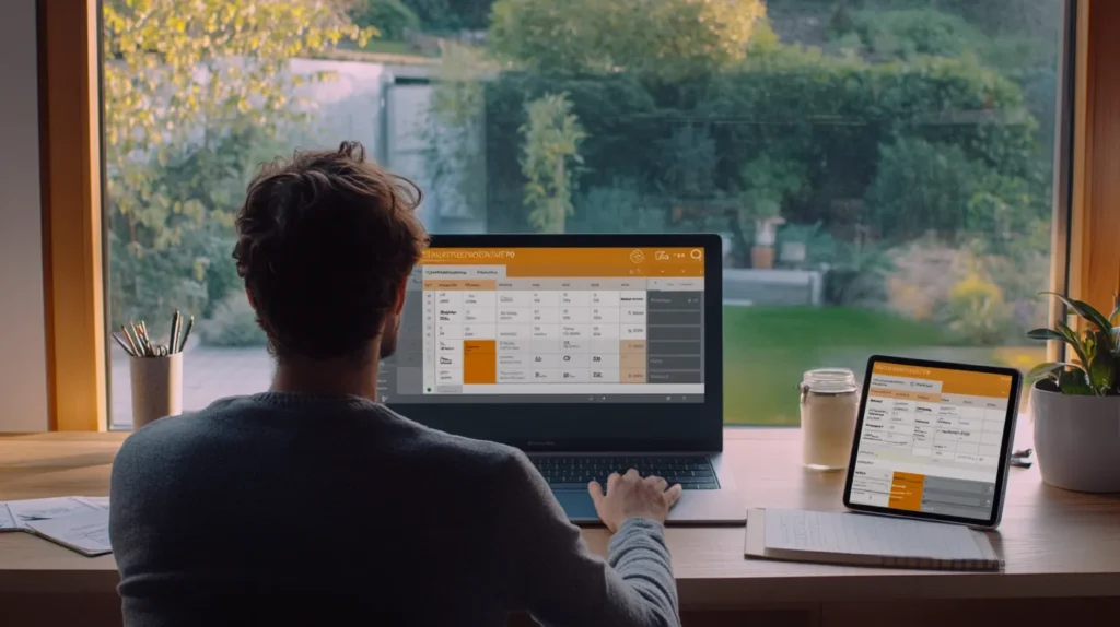 Man using inventory management software on laptop and tablet at home office desk