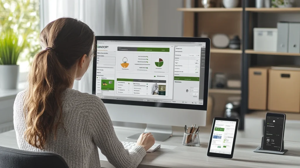 Woman managing personal property inventory on desktop and mobile devices
