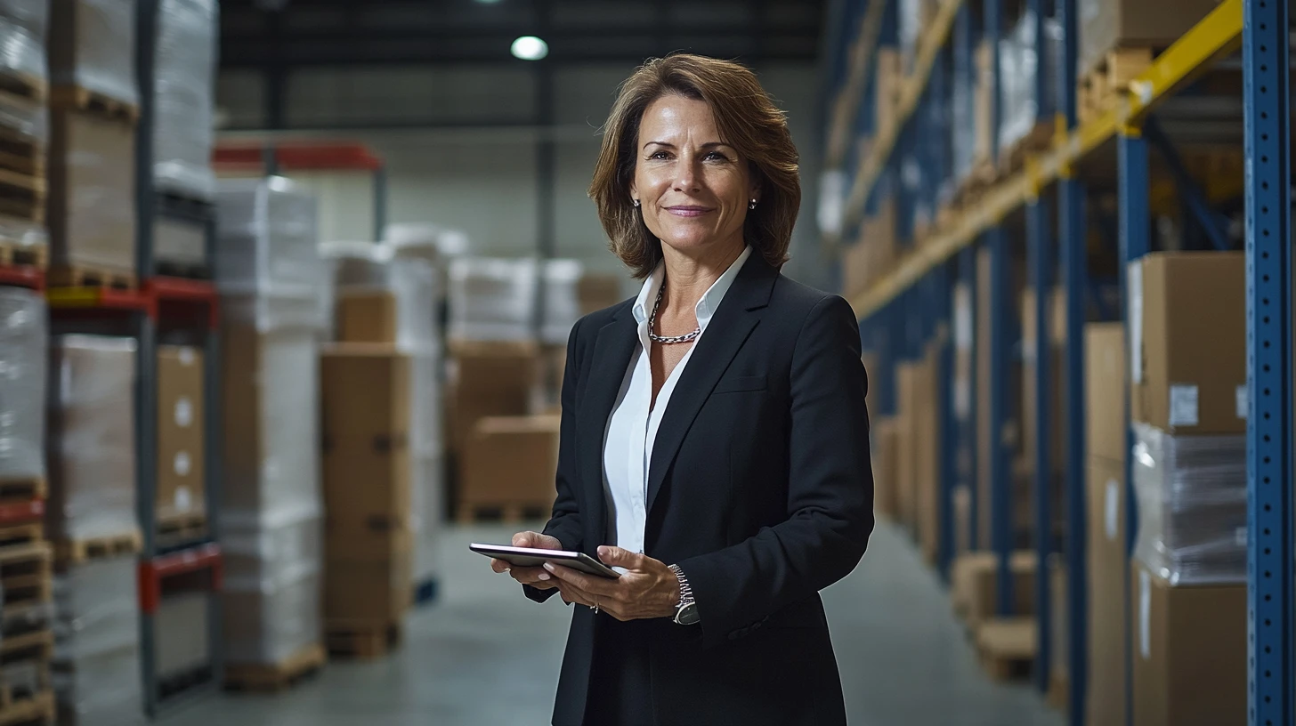 Confident businesswoman in warehouse representing inventory insurance expertise