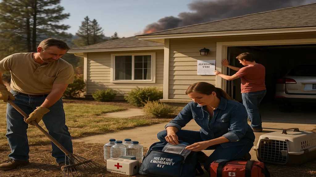 Family preparing for wildfire evacuation with emergency kits and supplies outside their home