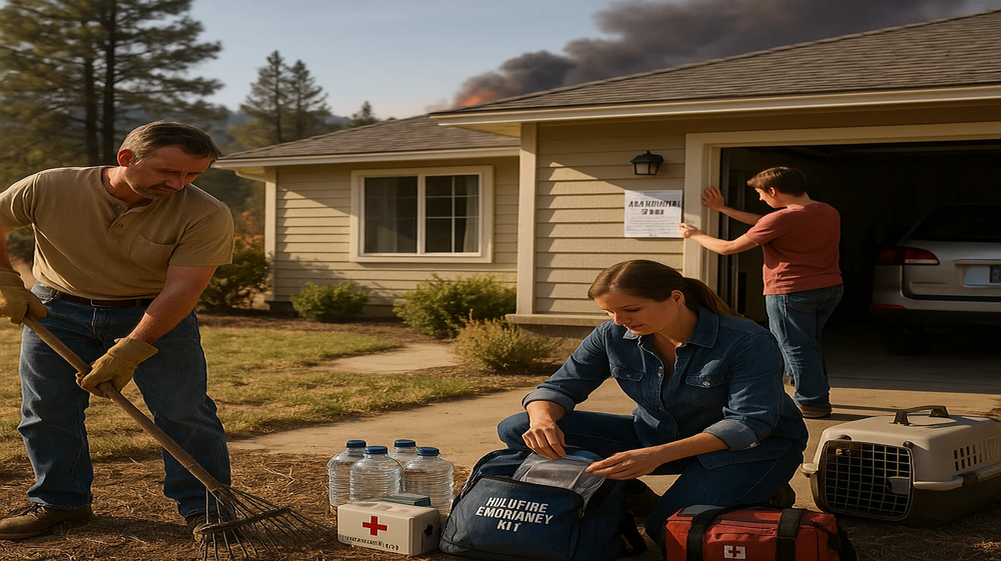 Family preparing for wildfire evacuation with emergency kits and supplies outside their home
